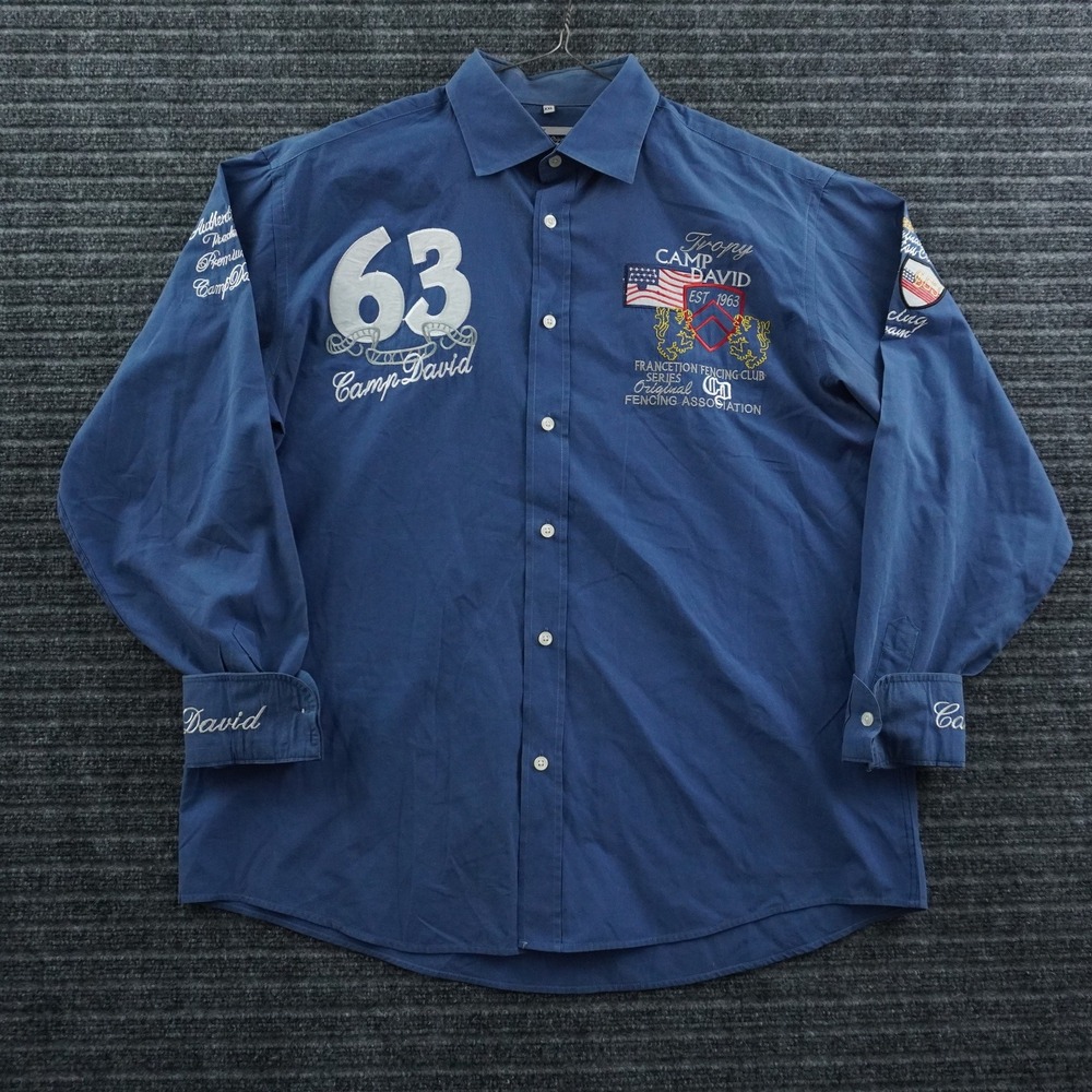 Camp David Button Down Shirt Mens XXL Blue Embroidered Fencing Graphic - Picture 2 of 8